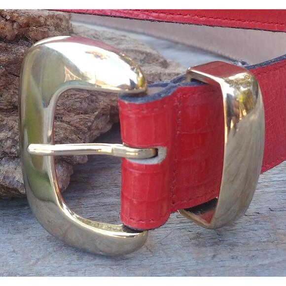 Vintage Red Leather Lizard Print Womans Belt By Calderon - Picture 2 of 10